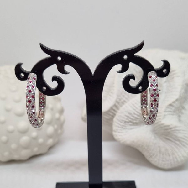 Hoop earrings with cubic zirconia white and red pavée set in 925 sterling silver