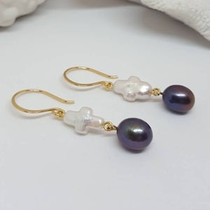 Freshwater pearl earrings cross and drop in 925 sterling silver gold-plated