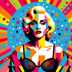 May include: Pop art style portrait of a woman with blonde hair and red lipstick. The image features a vibrant color palette of pink, blue, yellow, and orange. The woman is wearing a black top with a geometric design, set against a background of radiating lines and polka dots.