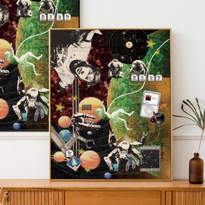 May include: Two rectangular wall art prints featuring a complex space-themed collage. The artwork includes a black vinyl record, a white digital music player, various planets, stars, a robotic arm, and chemical element symbols like Xe, Bi, O, U, and Fe.