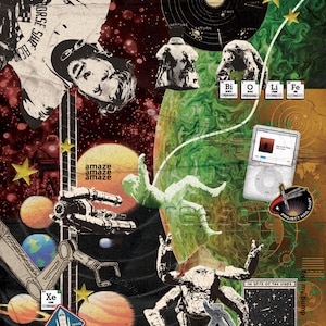 May include: A digital collage featuring a black and white portrait of a person, a solar system diagram, a green swirling planet, a white digital music player, a robotic arm, and various space-themed elements including stars, planets, and text.