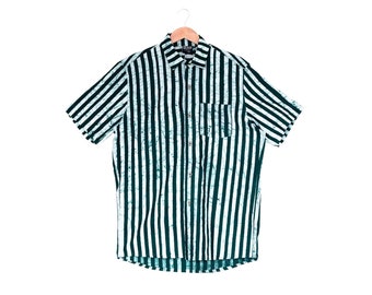 Pine Green Striped Cotton Shirt - African Clothing - Green Batik Shirt - Summer Shirt
