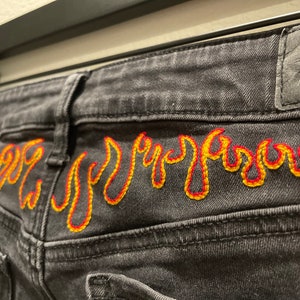 Hand Embroidered Flames on Upcycled Hi-Rise American Eagle Black Jeggings, Size 6, X-Long, (Super Stretch X)