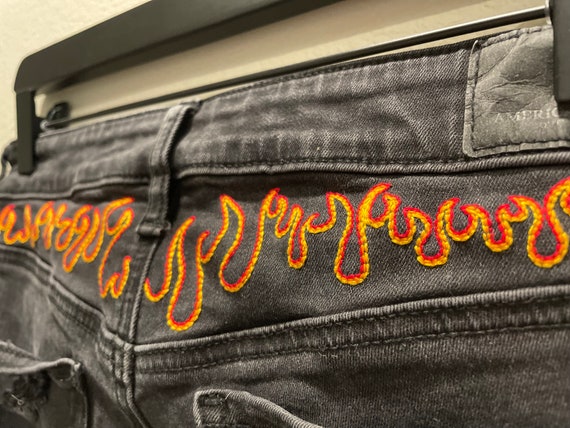 Hand Embroidered Flames on Upcycled Hi-rise American Eagle Black