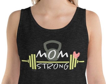 Mom Strong Jersey Tank Top With Barbell, Kettlebell, and a Bow, Motivational Tank