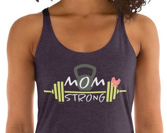 Mom Strong Racerback Tank Top With Barbell, Kettlebell, and a Bow, Motivational Tank