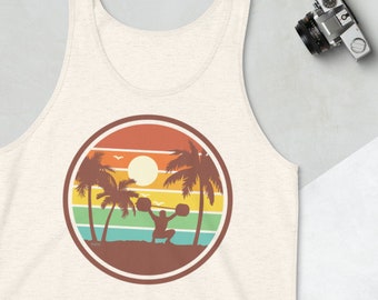 Vintage Round Sunset Weightlifting Unisex Tank Top, Snatch Sunset Palm Trees Tank Top