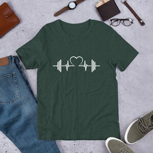 Barbell Heart Love Shirt Weightlifting Shirt CrossFit Shirt Barbell Heart Cardio Love Shirt Short-Sleeve Unisex T-Shirt Heather Forest