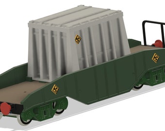 STL files to 3D print a model of a train car used to haul spent nuclear fuel in flasks.