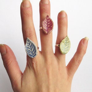 Adjustable Ceramic Leaf Ring Artisan Jewellery Blue Pink Green Leaves Nature Ring Hippie Ring Woodland Jewellery image 1