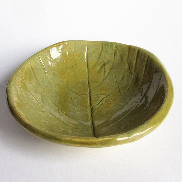 Small Olive Green Leaf Print Hand Built Ceramic Trinket Dish Bowl - Dish - Artisan Pottery - Ceramic Pot - Rustic Dish - Ring Dish