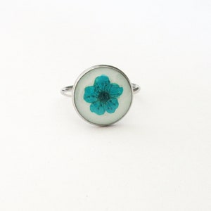 Adjustable Stainless Steel Resin Ring With Turquoise Dried Flower - Resin Jewellery - Terrarium Jewellery - Botanical - Teal Vintage Style