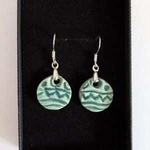 Patterned Mint Green Clay Circular Dangle Earrings - One of a Kind - Boho - Hippie - Ceramic Jewellery - Artisan Earrings - Boho Style