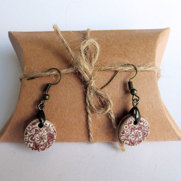 Patterned Purple Rustic Clay Circular Dangle Earrings - One of a Kind - Boho - Hippie - Ceramic Jewellery - Artisan Earrings - Aztec