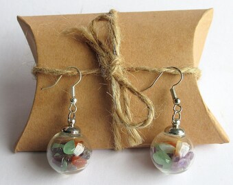 Mixtured Gemstones Globe Earrings - Artisan Jewellery - Terrarium Jewellery - Silver Sphere Drop Earrings - Bauble Earrings