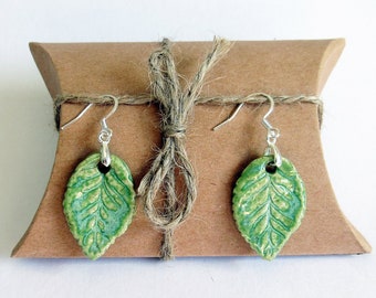 Ceramic Green Stoneware Leaf Dangle Earrings - One of a Kind - Boho - Hippie - Botanical Jewellery - Nature - Artisan Earrings