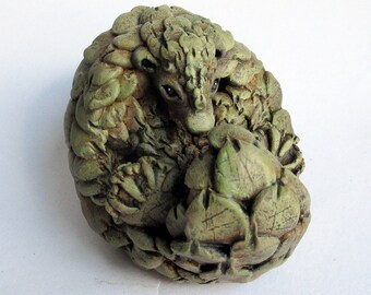 Handmade One of a Kind Brown Green Ceramic Stoneware Pangolin Sculpture - Home Ornament - Artisan Pottery - Animal Sculpture