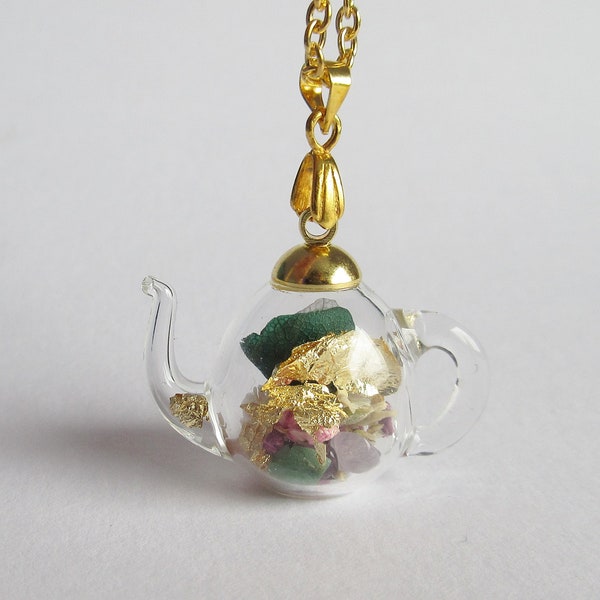 Alice In Wonderland Teapot Pendant Necklace-Dried Flowers -Terrarium Jewellery-Mad Hatter's Tea Party-Drink Me-Jade Amethyst-Green Hydrangea