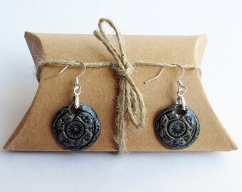 Dark Blue Stoneware Circular Dangle Earrings - Boho - Hippie - Patterned Clay - Natural Artisan Jewellery