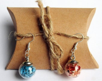 Copper & Turquoise Mismatch Globe Glass Earrings - Woodland Terrarium Jewellery - Real Gem - Botanical Drop Earrings - Bauble Earrings