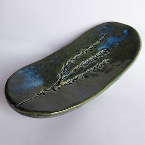 Blue Greens Floral Print Hand Built Ceramic Trinket Dish Bowl - Artisan Pottery - Ceramic Pot - Rustic Lavender Ring Dish - Soap Dish