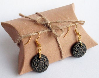 Vulcan Black & Gold Stoneware Circular Dangle Earrings - Boho - Hippie - Patterned Clay - Natural Artisan Jewellery