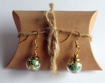 Green Moss and Gold Leaf Globe Earrings - Woodland Jewellery - Terrarium Jewellery - Real Plant - Botanical Drop Earrings - Bauble Earrings