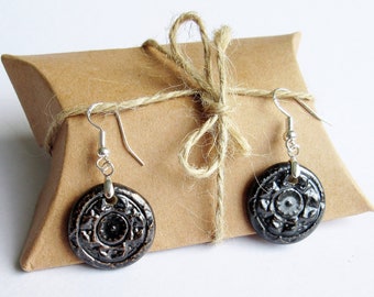 Metallic Silver Black Ceramic Circular Dangle Earrings - One of a Kind - Boho - Hippie - Clay Ceramic jewellery - Artisan Earrings