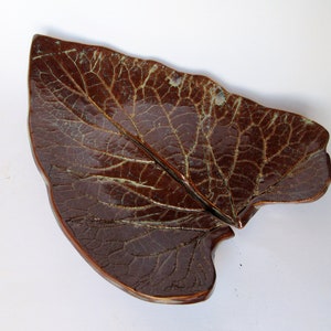 Brown Green Hand Built Leaf Ceramic Trinkets Dish - Decorative Autumn Ring Bowl - Artisan Pottery Jewellery Dish Soap Dish Tea Spoon Rests