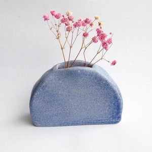 May include: A light blue ceramic vase with a rounded, half-moon shape. The vase has a speckled, textured surface and is filled with pink dried flowers.