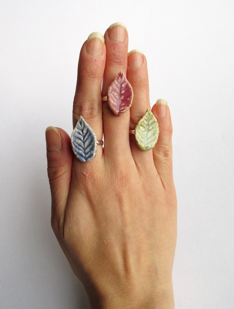 Adjustable Ceramic Leaf Ring Artisan Jewellery Blue Pink Green Leaves Nature Ring Hippie Ring Woodland Jewellery image 9