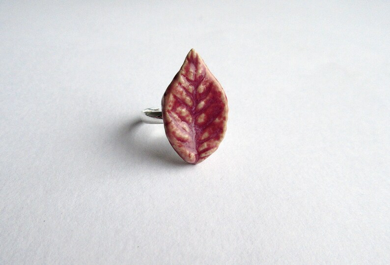 Adjustable Ceramic Leaf Ring Artisan Jewellery Blue Pink Green Leaves Nature Ring Hippie Ring Woodland Jewellery image 7