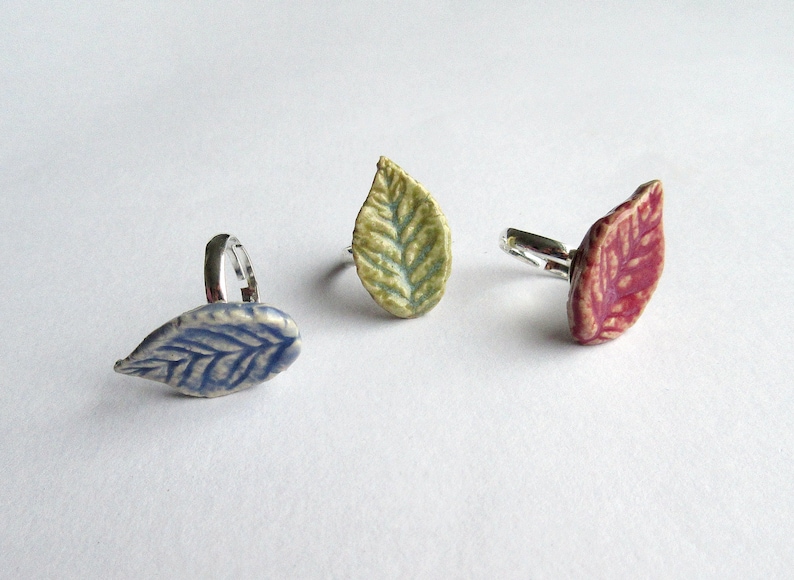 Adjustable Ceramic Leaf Ring Artisan Jewellery Blue Pink Green Leaves Nature Ring Hippie Ring Woodland Jewellery image 10