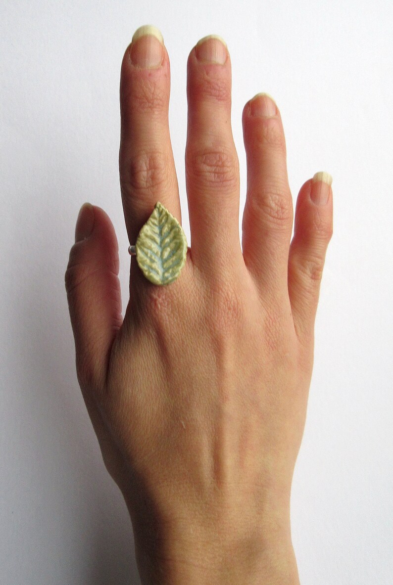 Adjustable Ceramic Leaf Ring Artisan Jewellery Blue Pink Green Leaves Nature Ring Hippie Ring Woodland Jewellery image 2