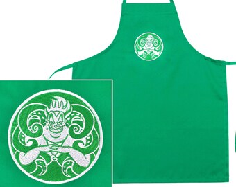 Ursula from Disney's The Little Mermaid Mock Starbucks Mermaid Logo Custom Fully Embroidered Child's Green Apron Bib, For Baking Crafts