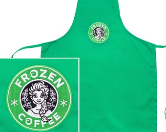 Frozen Coffee with Elsa Mock Starbucks Custom Fully Embroidered Child's Green Apron Bib, For Baking & Crafts