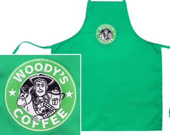 Woody's Coffee Mock Starbucks Custom Fully Embroidered Children's Green Apron Bib, For Baking & Crafts