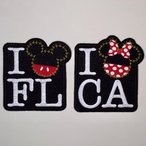 I Love Florida / California (with Disney's Mickey or Minnie) Fully Embroidered Sew-On & Iron-On Patch, Build Your Own