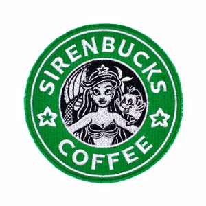 Sirenbucks Coffee Starbucks Logo with Ariel and Flounder from Disney&#39;s The Little Mermaid Fully Embroidered Sew-On & Iron-On Patch