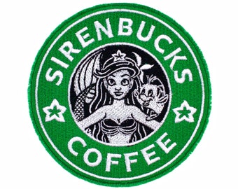 Sirenbucks Coffee Starbucks Logo with Ariel and Flounder from Disney's The Little Mermaid Fully Embroidered Sew-On & Iron-On Patch