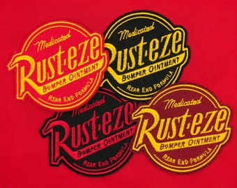 Rust-eze Logo from Disney & Pixar Cars Movie Fully Embroidered Sew-On  and Iron-On Patch, 4 Colors, 2 Sizes