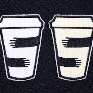 Cute Coffee Shop Lovers Hugging To-Go Cup Fully Embroidered Sew-On & Iron-On Patch, In 2 Colors!