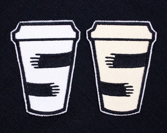 I Love Coffee Hugging To Go Cup Fully Embroidered Sew-On & Iron-On Patch, In 2 Colors!