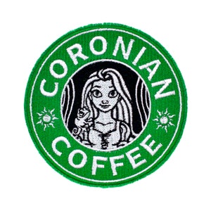 Coronian Coffee Starbucks Logo with Rapunzel and Pascal from Disney&#39;s Tangled Fully Embroidered Sew-On & Iron-On Patch