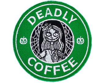 Deadly Coffee Starbucks Logo with Sally from Disney's Nightmare Before Christmas Fully Embroidered Sew-On & Iron-On Patch, In Two Colorways