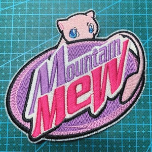 Mountain Mew (Mock Mountain Dew Logo feat. Mew Pokemon) Fully Embroidered Sew-On & Iron-On Patch