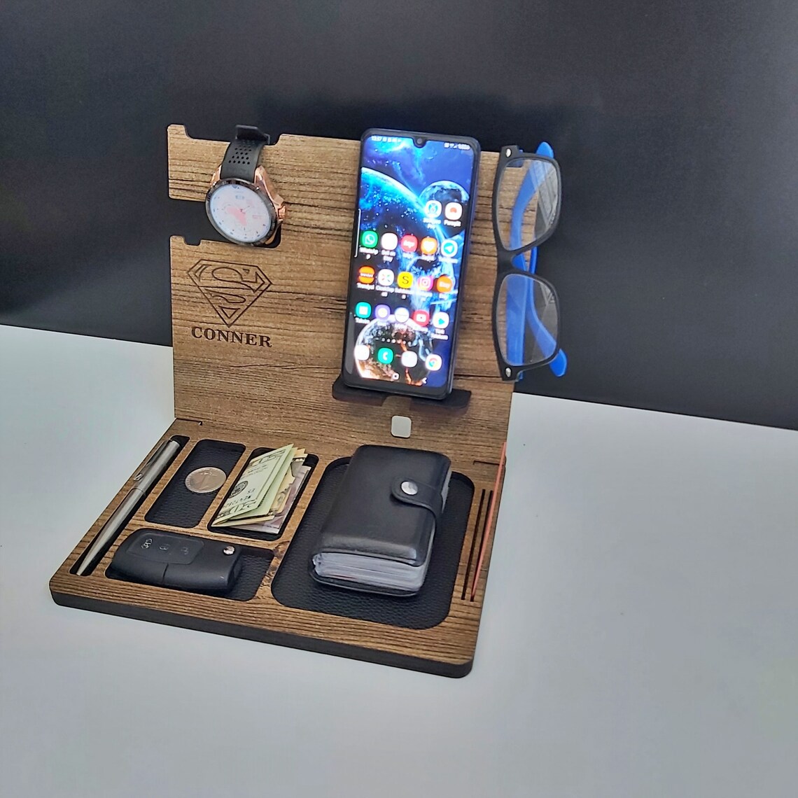 Personalized wooden organizer mens custom wallet stand wood Etsy