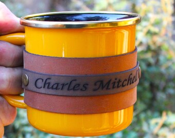 Personalized Enamel Mug, Leather Enamel Mug, Camping Mug, Mug Gift, Mountain Mug, Travel Mug, Forest Mug, Outdoor mug,