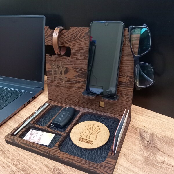 Personalized Wooden Desk Organizer For Valentines Day, Tech gifts gift for him,  wood docking station, wood phone holder, anniversary day