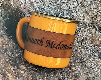 Personalized Coffee Mug, Leather Enamel Mug, Office Mug, Camping Mug, Christmas Gift, Travel Mug, Forest Mug, Outdoor mug,